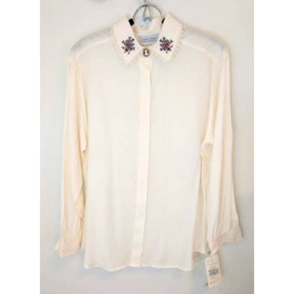 New Jantzen Classics Victorian Button Up Sleeves Cream Top Medium